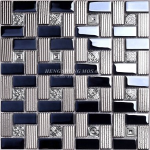 HDT01 12x12正方形パターン電気めっきシャイニーブラックとスライバーイリジウムガラスモザイク壁装飾タイル