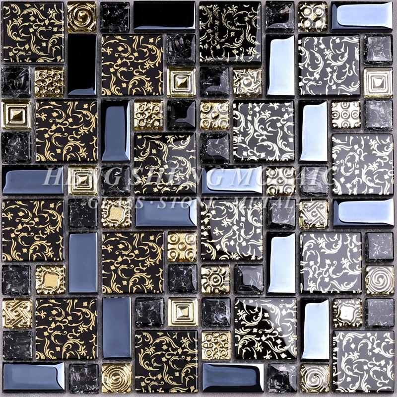 HDT02アラベスク新しいデザインゴールドラインラミネート黒いガラスアートフラワーモザイク模様のタイルキッチンBacksplashの壁